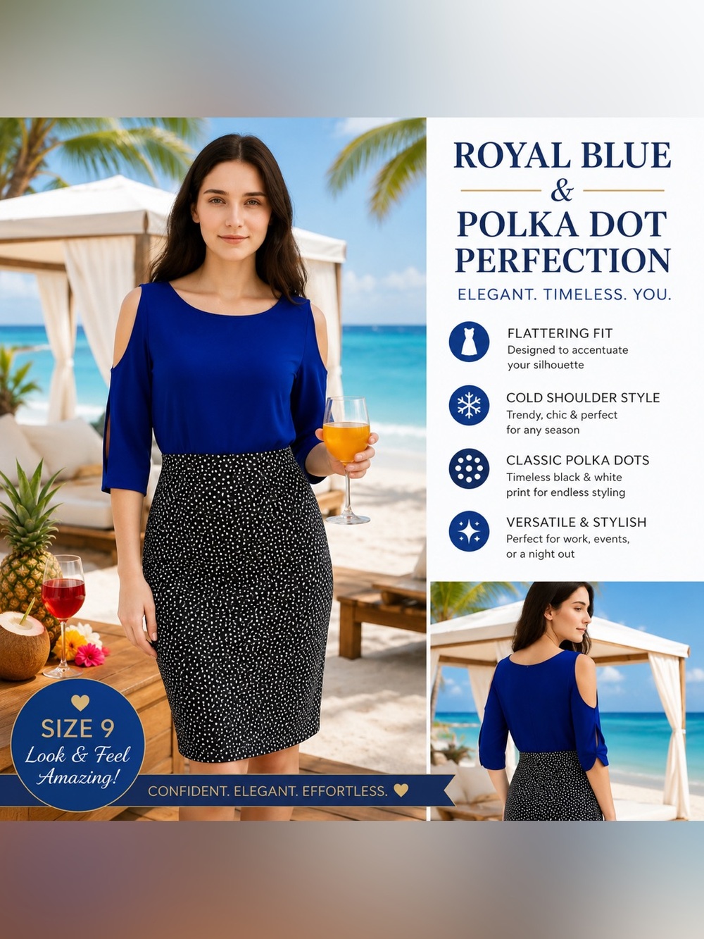 Royal Blue and Black and white Polka Dot Dress with Cold Shoulder Sleeves